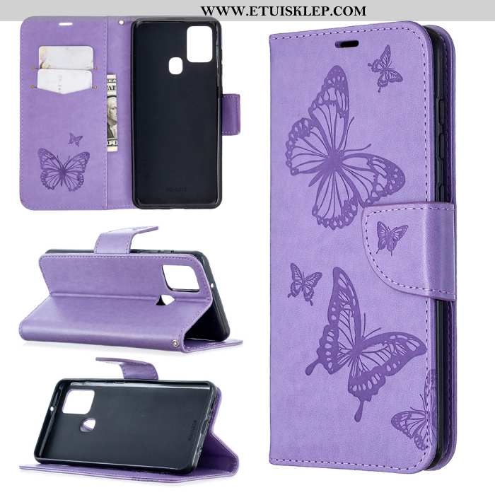 Etui Samsung Galaxy A21s Skórzane Anti-fall Purpurowy Klapa Relief All Inclusive Motyl Tanie