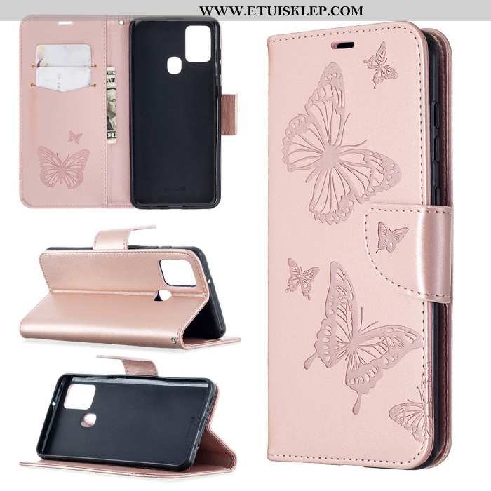 Etui Samsung Galaxy A21s Skórzane Anti-fall Purpurowy Klapa Relief All Inclusive Motyl Tanie