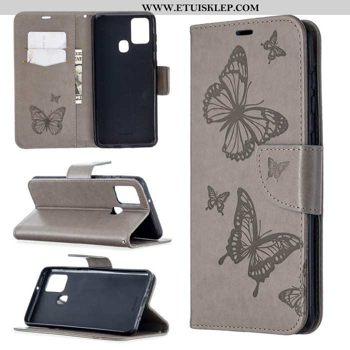 Etui Samsung Galaxy A21s Skórzane Anti-fall Purpurowy Klapa Relief All Inclusive Motyl Tanie