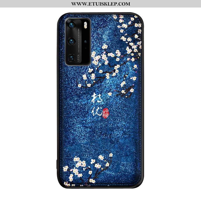 Pokrowce Huawei P40 Pro Skóra Trendy Ciemno Niebieski Relief Ochraniacz Kwiaty Futerał Na Sprzedaż