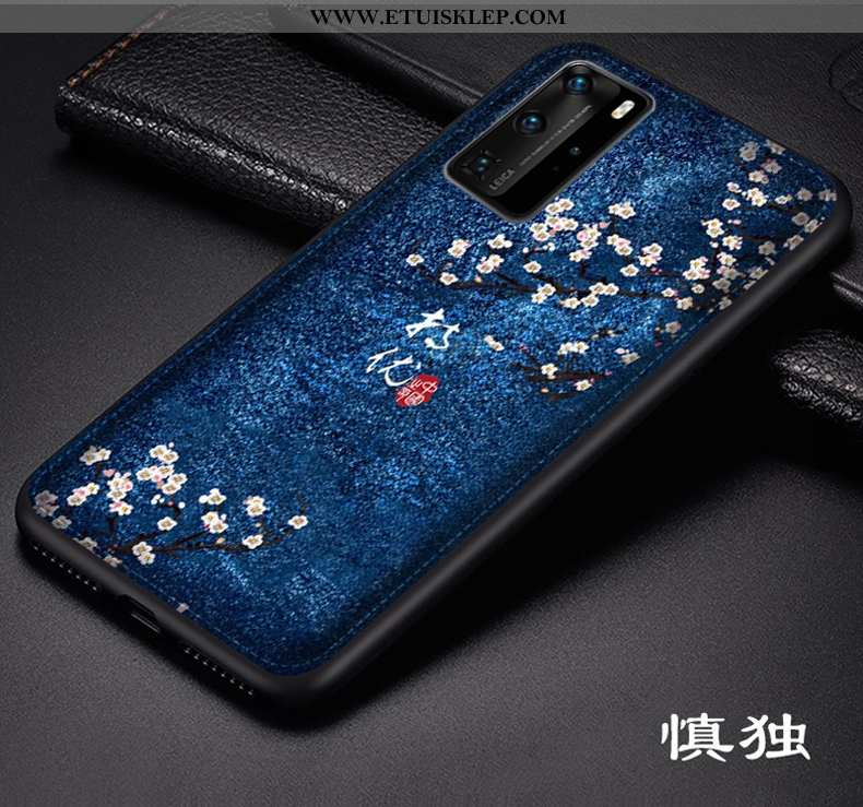 Pokrowce Huawei P40 Pro Skóra Trendy Ciemno Niebieski Relief Ochraniacz Kwiaty Futerał Na Sprzedaż