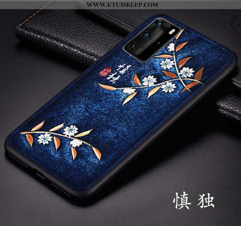 Pokrowce Huawei P40 Pro Skóra Trendy Ciemno Niebieski Relief Ochraniacz Kwiaty Futerał Na Sprzedaż